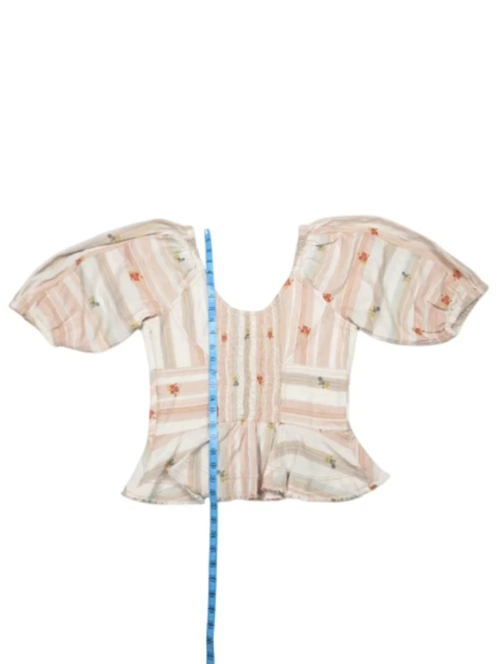 Anthropologie Pilcro Puff-Sleeve Peplum Blouse Neutral Motif Floral Cream M